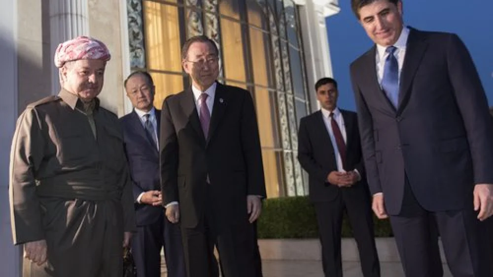 Ban Ki-moon, then secretary-general of the United Nations, meets with Masoud Barzani (left), president of the Kurdistan Regional Government (KRG), and Nechirvan Barzani (right), prime minister of the KRG, in March 2016 in Erbil, Iraq. Credit: U.N. Photo/Mark Garten.