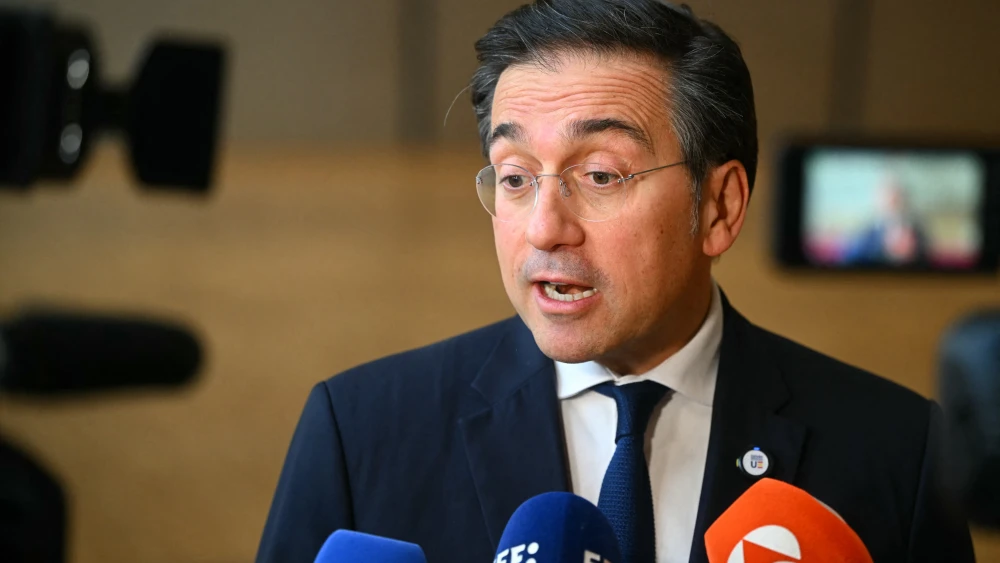 Spain's Foreign Minister Jose Manuel Albares speaks to the media as he arrives for a Foreign Affairs Council to discuss Russia's war of aggression against Ukraine and the situation in the Middle East, in Brussels on March 16, 2026. Photo by Nicolas Tucat / AFP via Getty Images.