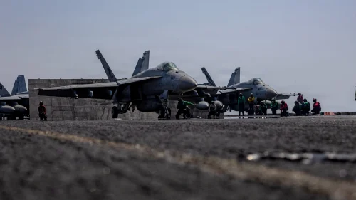 F/A-18 Super Hornet fighter jets on the aircraft carrier USS Abraham Lincoln in the Persian Gulf on March 12, 2026. Credit: Courtesy of CENTCOM.