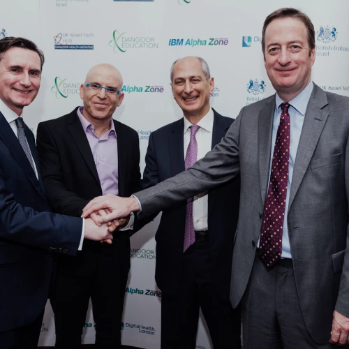 (From right to left) British Ambassador to Israel David Quarrey, David Dangoor, the Exilarch’s Foundation, IBM Israel’s CTO Uri Hayik and UCL Partners Managing Director Charlie Davie at the UK-Israel Dangoor Health Initiative launch event. Credit: Ben Kelmer.