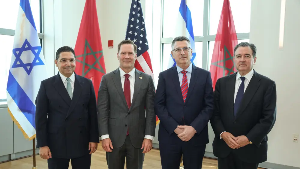 l. to r. Moroccan Foreign Minister Nasser Bourita, U.S. Ambassador to the United Nations Mike Waltz, Foreign Minister Gideon Sa’ar and an unidentified individual at a trilateral diplomatic summit in New York on Sept. 16, 2026. Photo by Yuval Golan/MfA.