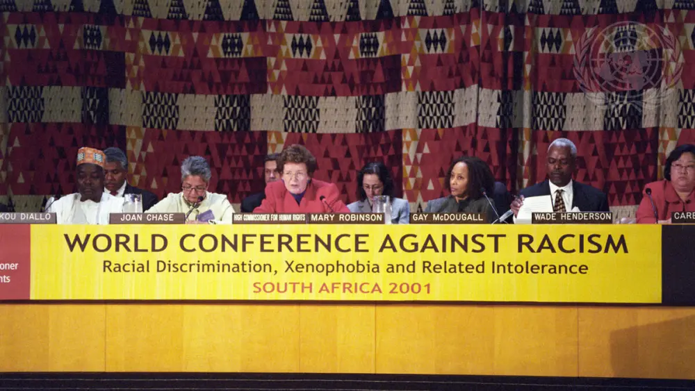 U.N. High Commissioner for Human Rights Mary Robinson addresses a group of U.S. civil-rights and human-rights activists who presented her with a petition appealing to the United Nations to look into racial discrimination in the administration of the death penalty, as well as racial profiling and the lack of police accountability in the United States. The event was in connection with the World Conference against Racism, Racial Discrimination, Xenophobia and Related Intolerance, planned for Aug. 31 to Sept. 7, 2001, in Durban, South Africa. Credit: U.N. Photo/Ron da Silva.