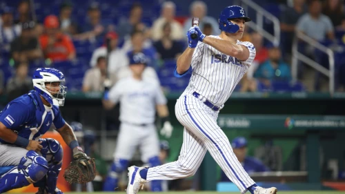 First baseman Matt Mervis of Team Israel bats against Nicaragua at the World Baseball Classic in Miami, March 12, 2023. Credit: Courtesy of Major League Baseball.