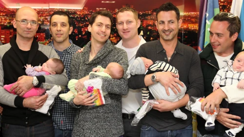 A reception held for gay fathers who recently returned from Thailand, where local surrogate women gave birth to their babies, Feb. 20, 2014. Photo by Gideon Markowicz/Flash90.