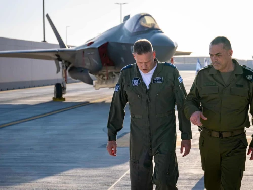 Israel Defense Forces Chief of Staff Lt. Gen. Eyal Zamir (right) with Israeli Air Force commander Maj. Gen. Tomer Bar at Nevatim Airbase near Beersheva on March 11, 2025. Credit: IDF.