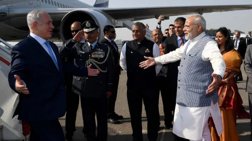 Israeli Prime Minister Benjamin Netanyahu being greeted by Indian Prime Minister Narendra Modi in New Delhi. Credit: Avi Ohayon/GPO.