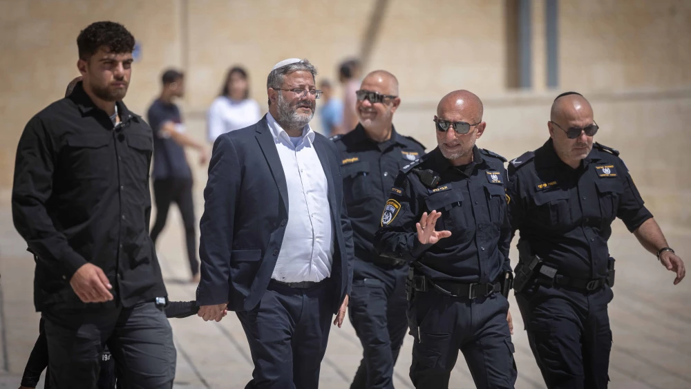 Israeli National Security Minister Itamar Ben-Gvir at the Western Wall in Jerusalem's Old City, after his visit at the Temple Mount during Tisha B'Av, Aug. 13, 2024. Photo by Chaim Goldberg/Flash90.