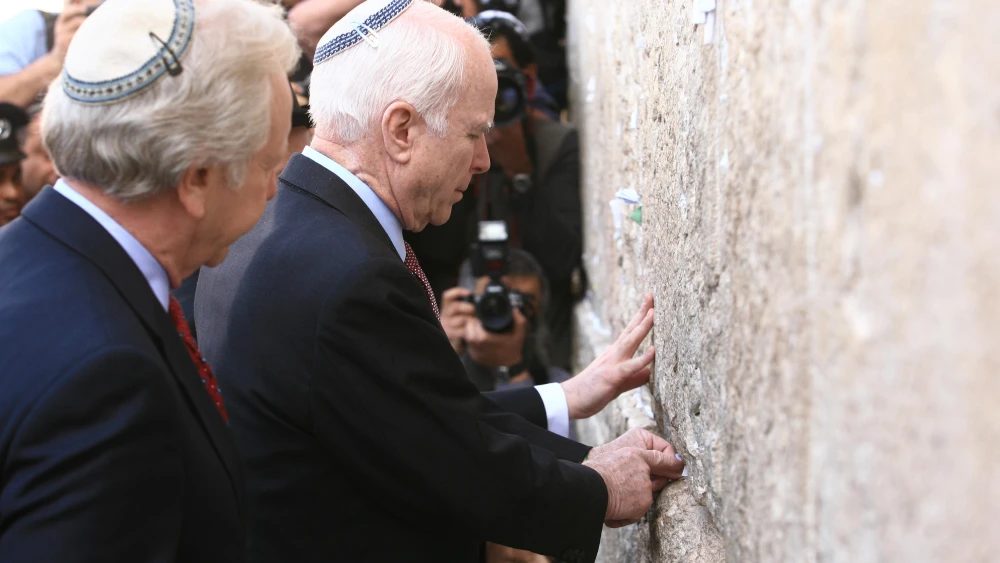 Arizona Sen. John McCain visits the Western Wall, Judaism’s holiest prayer site, in Jerusalem’s Old City, on March 19, 2008. Photo by Nati Shohat /Flash90.