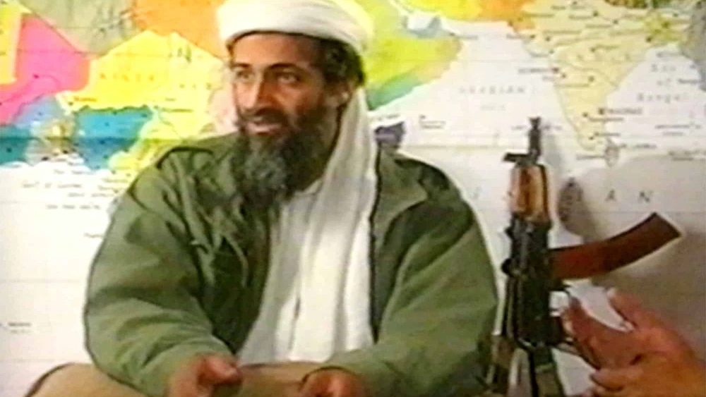 Osama bin Laden in an undated still frame from a recruitment video for Al-Qaida. Photo by Al Rai Al Aam/Feature Story News/Getty Images.