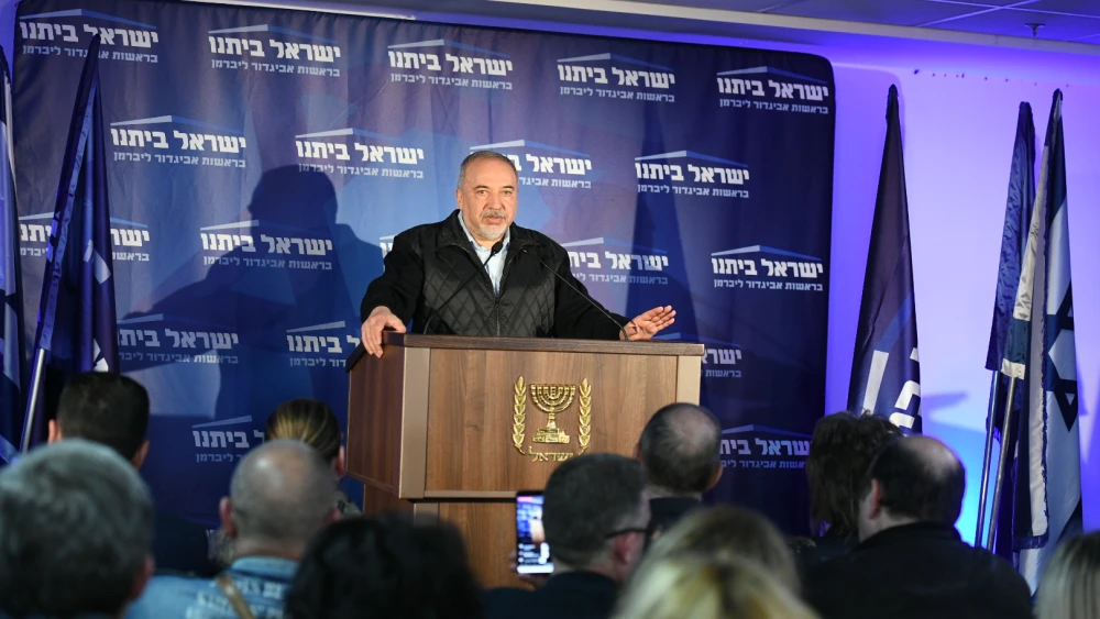 Israel Beiteinu leader Avigdor Lieberman at party headquarters in Modi’in on election night, March 2, 2020. Photo by Sraya Diamant/Flash90.