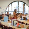 Students at the Lindenbaum Seminary (Midrasha) in Jerusalem, which has been divided into study areas in order to comply with social distancing directives, on July 7, 2020. Photo by Gershon Elinson/Flash90.