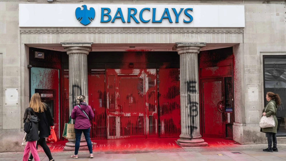 The scene at Barclays Bank in Richmond, England, after several branches were attacked overnight by supporters of Palestine Action over links to Elbit Systems in London and the Israeli military, June 10, 2024. Photo by Guy Smallman/Getty Images.