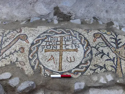 A close-up of the inscribed medallion flanked by Egyptian geese. Photo by Michael Eisenberg.