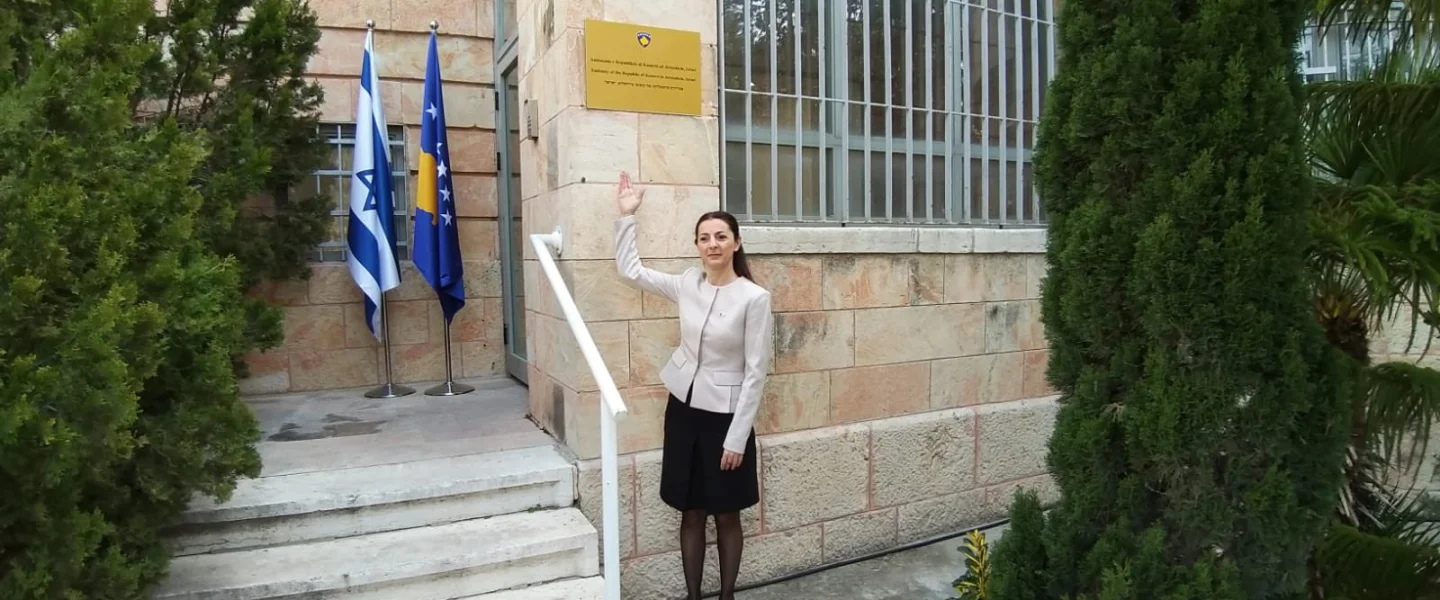 Ines Demiri, the chargé d’affaires of Kosovo, in front of the country's embassy in Jerusalem. Source: Ines Demiri/Twitter.