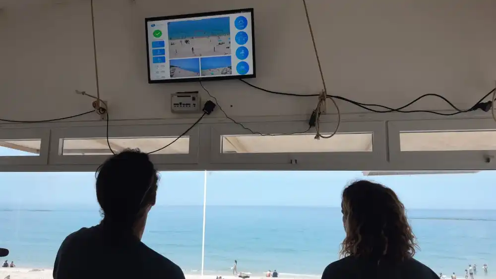 The system uses standard cameras that cover a defined area and transmit real-time information on monitors in the lifeguard tower. Credit: Sightbit.