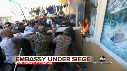 Under the orders of Iran’s Islamic Revolutionary Guard Corps, pro-Iranian militias in Iraq led mob attacks on the U.S. embassy in Baghdad on Dec. 31, 2019. Source: Screenshot.