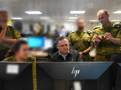 Israeli Defense Minister Israel Katz at the Israel Defense Forces' Military Intelligence Directorate's 'Houthi command center,' Oct. 16, 2025. Credit: Israeli Defense Ministry.