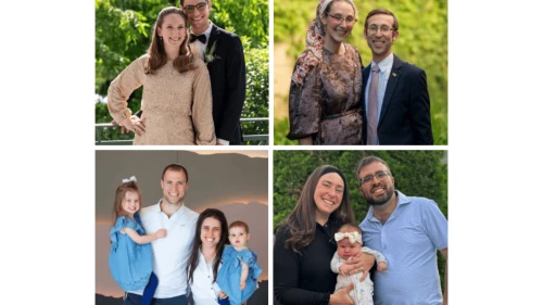 Clockwise from top left: Columbia/Barnard JLIC co-directors Jasmine and Rabbi Daniel Peled-Schwartz; Rutgers JLIC co-directors Yael and Rabbi Matthew Nitzanim; Princeton JLIC co-directors Rabbi Ari and Noa Bar-Shain; and JLIC Brandeis co-directors Jenny and Rabbi Joel Finkelstein. Credit: Courtesy.
