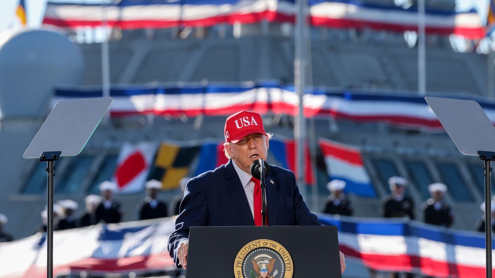U.S. President Donald Trump delivers remarks on stage at Tradepoint Atlantic on Oct. 6, 2026 in Sparrows Point, Maryland. Photo by Win McNamee/Getty Images.