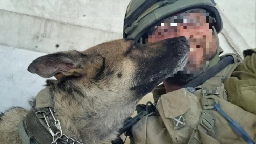 Officer "O" on duty in Gaza with a dog, Sept. 2025. Credit: Israel Police.