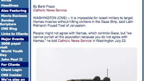 Click photo to download. Caption: The webpage for an article published by the Catholic News Service on July 23, 2014, “Jerusalem patriarch: Don’t punish all Gaza Palestinians because of Hamas.” Credit: Screenshot via catholicnews.com.