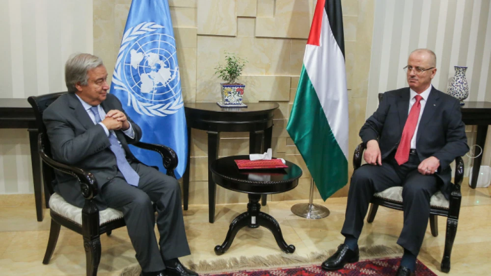 U.N. Secretary-General António Guterres meets with Palestinian Authority Prime Minister Rami Hamdallah in the West Bank city of Ramallah, Aug. 29, 2017. Photo by Flash90.