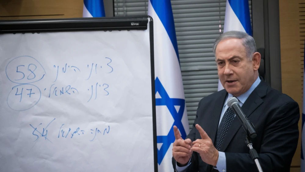 Israeli Prime Minister Benjamin Netanyahu meets with the heads of the right-wing parties to discuss the results of Israel's March 2 elections. The Hebrew text on teh whiteboard reads "Zionist right: 58, Zionist left, 47." March 4, 2020. Photo by Yonatan Sindel/Flash90.
