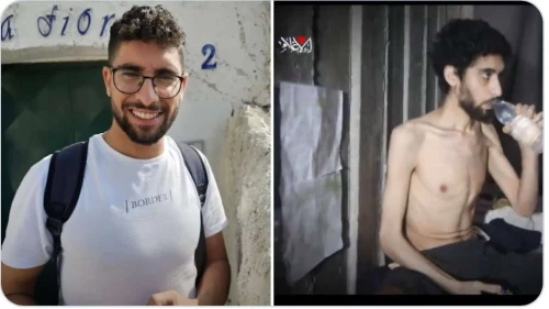 Israeli hostage Evyatar David, left, pictured before his capture by Hamas terrorists on Oct. 7, 2023, and during his captivity in Gaza in a still image taken from a video released on Aug. 1, 2025. Source: @RitchieTorres/X.