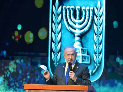 Israeli Prime Minister Benjamin Netanyahu delivering an address at the Police Academy in Beit Shemesh during a candle-lighting event for Chanukah, Dec. 14, 2025. Photo by Amos Ben Gershom/GPO.