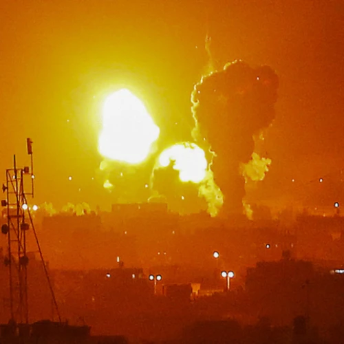 Flame and smoke are seen during an Israeli air strike on Rafah, in the southern Gaza Strip, on May 3, 2023. Photo by Abed Rahim Khatib/Flash90.