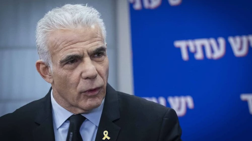 Israeli opposition leader Yair Lapid (Yesh Atid Party) leads a faction meeting at the Knesset, the Israeli parliament in Jerusalem, Nov. 24, 2025. Photo by Chaim Goldberg/Flash90.