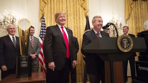 Sen. Lindsey Graham, joined by then-President Donald Trump, welcomes the national champion Clemson University Tigers football team to the White House, Jan. 14, 2019. Photo by Joyce N. Boghosian/The White House.