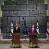 Israeli President Reuven Rivlin presents Blue and White Party leader Benny Gantz with the mandate to form a new Israeli government, after Prime Minister Benjamin Netanyahu's failure to form one, at the President's Residence in Jerusalem on Oct. 23, 2019. Photo by Yonatan Sindel/Flash90.