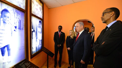 Click photo to download. Caption: On July 6, Israeli Prime Minister Benjamin Netanyahu and his wife Sara (both in center) visit the remembrance site for the victims of the 1994 Rwanda genocide in Kigali, Rwanda. The prime minister was on a four-day official state visit to Africa. Credit: Kobi Gideon/GPO.