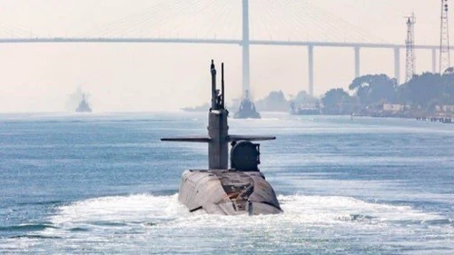 This image of a U.S. Ohio-class submarine apparently traversing the Suez Canal was released by U.S. Central Command on Nov. 5, 2023. Photo: USCENTCOM.