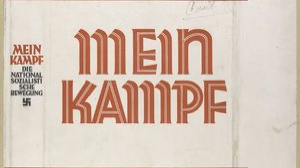 Click on photo to download. On January 1, 2016, Mein Kampf is scheduled to enter the public domain, available for anyone to re-publish and disseminate. Credit: PD.