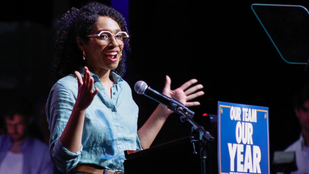 Democratic congressional candidate Darializa Avila Chevalier speaks during the "Our Team, Our Year" Get Out The Vote rally at the Kings Theatre in Brooklyn, New York, on June 18, 2026. Photo by Kena Betancur/AFP via Getty Images.