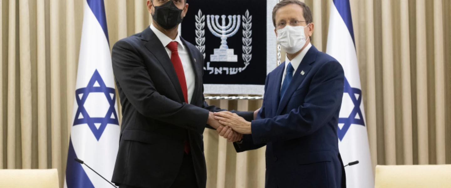 Khalid Yusuf al-Jalahma, the first ambassador of Bahrain to Israel, meets with President Isaac Herzog in Jerusalem, Sept. 14, 2021. Credit: Olivier Fitoussil/Flash90.