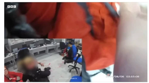 A screenshot from bodycam footage from inside the Elbit Systems facility near Bristol, the U.K., on Aug. 6, 2024. Credit: Crown Prosecution Service/BBC.