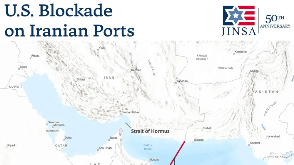 The U.S. blockade starts in the Gulf of Oman about 300 miles from the Strait of Hormuz. Credit: JINSA.