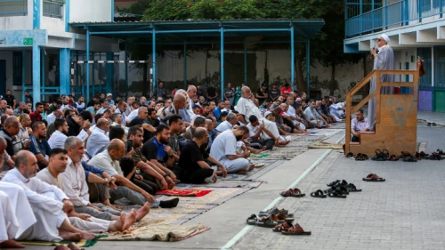 Palestinians mark the Eid al-Adha holiday at an UNRWA school in Rafah, in the southern Gaza Strip, July 31, 2020. Photo by Abed Rahim Khatib/Flash90.
