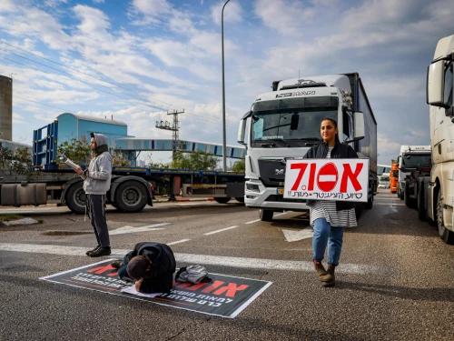 People block the entrance to Ashdod Port during a protest against aid trucks entering the Gaza Strip, Feb. 1, 2024. Photo by Chaim Goldberg/Flash90.