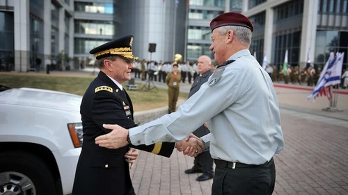 Chairman of the Joint Chiefs of Staff of the United States Military, Gen. Martin E. Dempsey, meets Israel Defense Forces Lt. Gen. Benny Gantz in Israel. Dempsey says he consults with Gantz once every two weeks, and one of their conversation topics these days is Iran’s nuclear program. Credit: Israel Defense Forces.