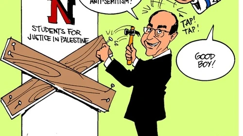 A cartoon posted on the Facebook page of Northeastern University's Students for Justice in Palestine chapter—which was suspended earlier this year before being reinstated—depicts University President Joseph Aoun nailing boards on the door of the student group. Mirroring the conspiracy theory that Israel controls American foreign policy, the cartoon features a disembodied arm from the sky—with a Star of David and “The Lobby” written on its sleeve—patting Aoun on the head. Credit: Northeastern SJP Facebook page.