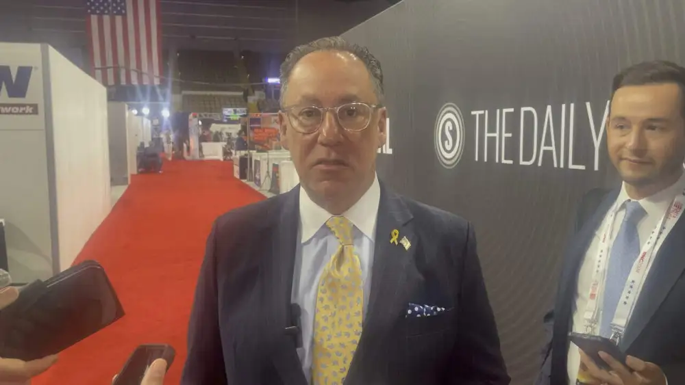 Matt Brooks, Republican Jewish Coalition CEO, addresses reporters at the Republican National Convention in Milwaukee, July 16, 2024. Photo by Mike Wagenheim.