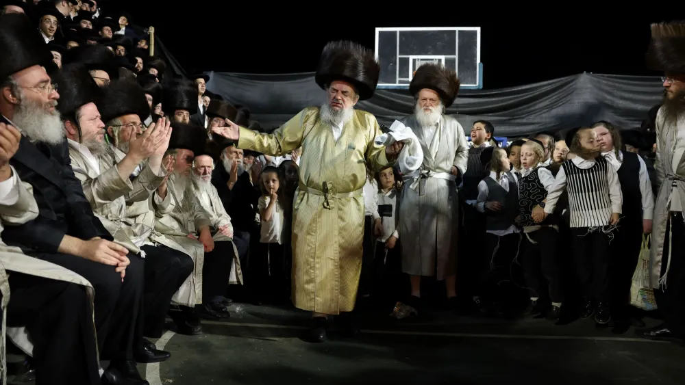 The Grand Rabbi of Lelov (a Hasidic dynasty) and his followers light a bonfire at the end of Shabbat in Meron, near Safed, on June 3, 2023. Photo: David Cohen/Flash90