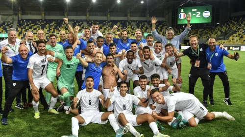 Israeli youth national players celebrate after reaching the final of the UEFA Under-19 European Championship, (Credit: Israel FA-Twitter).