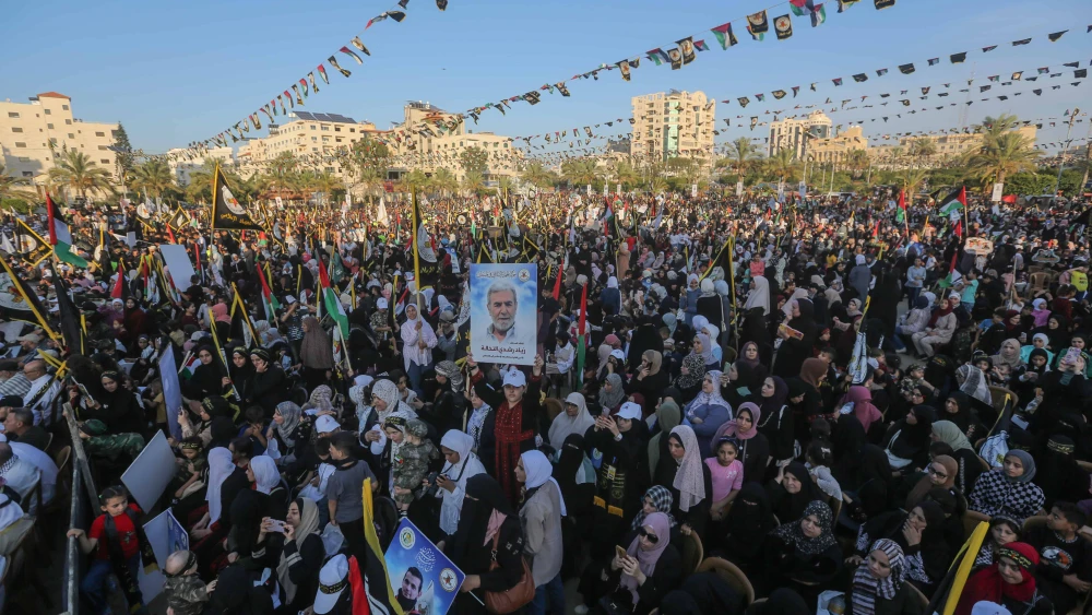 Supporters of Palestinian Islamic Jihad participate in a rally in Gaza City marking the 36th anniversary of the movement's foundation, Oct. 6, 2023. Photo by Atia Mohammed/Flash90.