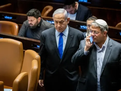 Israeli Prime Minister Benjamin Netanyahu and National Security Minister Itamar Ben-Gvir at the Knesset, March 6, 2023. Photo by Yonatan Sindel/Flash90.