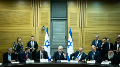 Israeli Prime Minister Benjamin Netanyahu, party heads and government ministers attend a meeting on the state budget, May 23, 2023. Photo by Yonatan Sindel/Flash90.